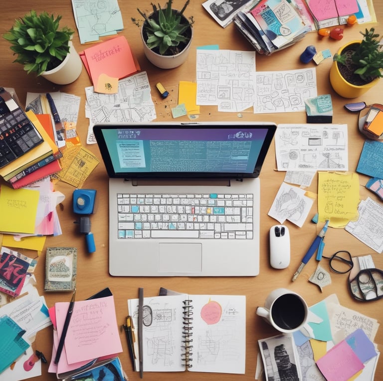 An open notebook with sketches and wireframes drawn on its pages, resting on a surface with a soft focus in the background. The pages display various design layouts and diagrams.