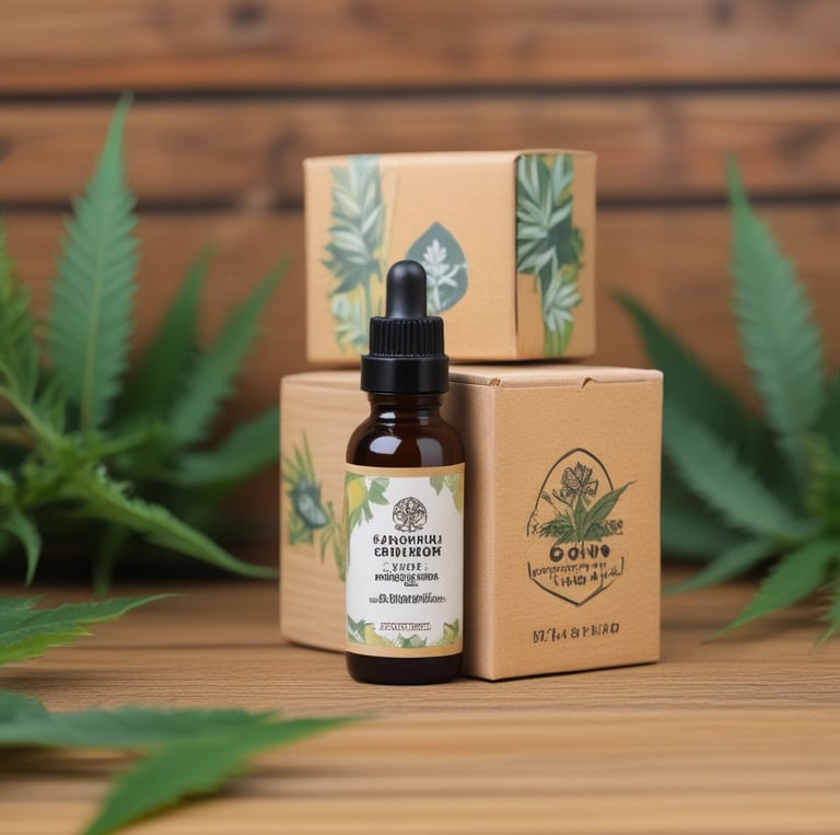A black box of Crystalweed CBD product is placed on a wooden surface with a blurred background of green leaves. The packaging features a cannabis leaf design and text in pink and white, highlighting the product's flavor as bubble gum and its natural ingredients.