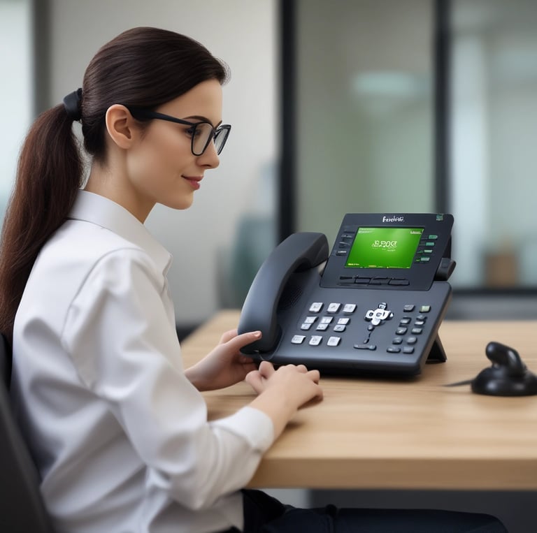 a woman in a white shirt and glasses is sitting at a desk with a phone