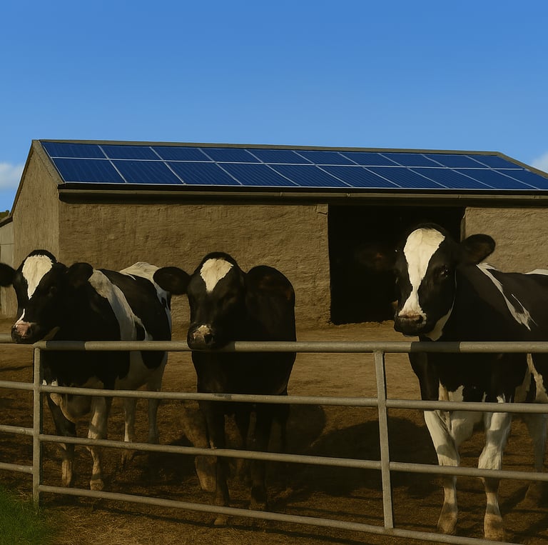 a group of cows standing in a barnyard in front of a building with solar panels on
