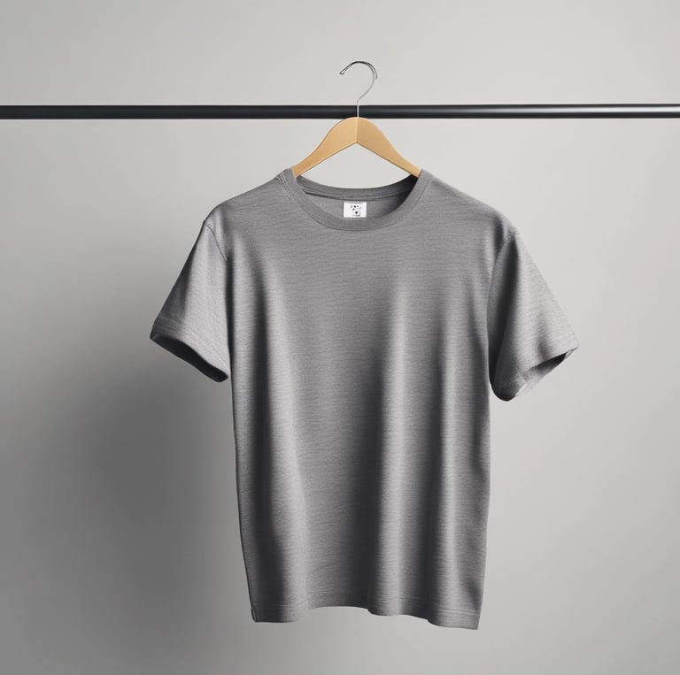 A close-up of a laptop displaying a shopping website. The screen shows a model wearing a red top and white wide-leg pants along with white sandals. The text indicates details of a round-neck t-shirt with prices mentioned.