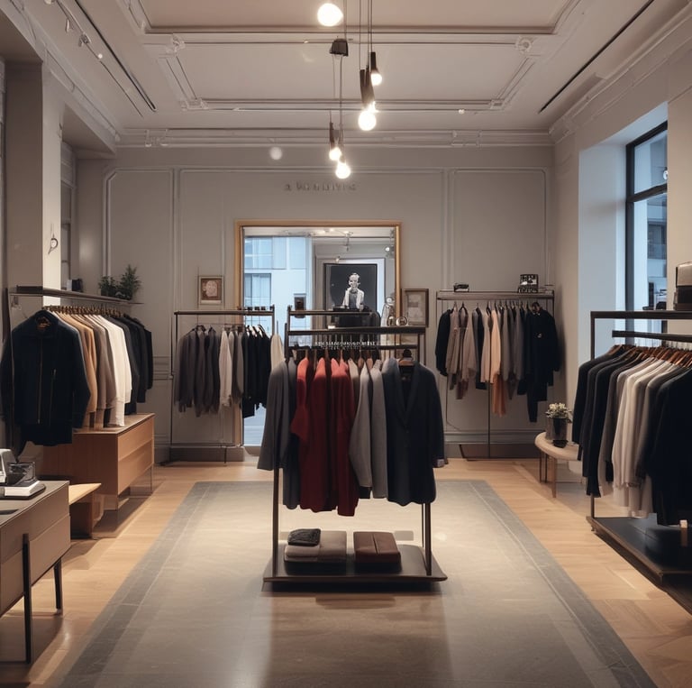 A modern retail store featuring sleek wooden furnishings and curved wooden ceiling designs. Several laptops and electronic devices are displayed on minimalist wooden tables. The store has large glass windows allowing natural light to illuminate the interior. Customers are seen browsing the products.