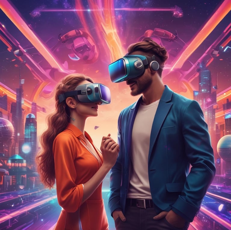 A person is wearing a virtual reality headset and holding a motion controller device, standing in a room with a large screen displaying a virtual environment. The setting suggests a modern, high-tech atmosphere.
