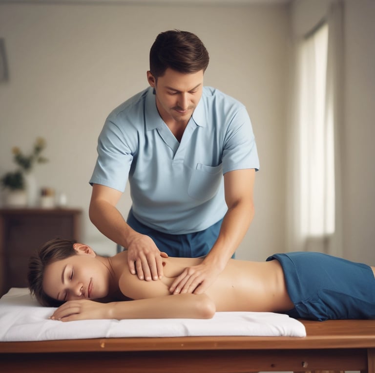A person is giving a massage in a dimly lit room. The focus is on the hands applying pressure on the back of the individual lying down. The atmosphere appears calm and therapeutic.