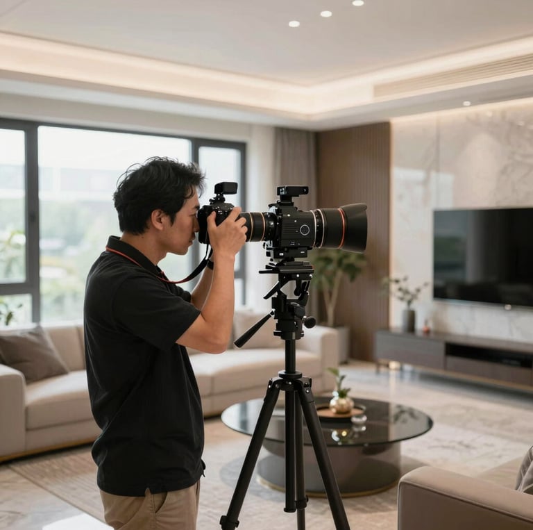 Portrait of Arq. Edgar Chesa working on an interior design project with digital tools in a modern studio.
