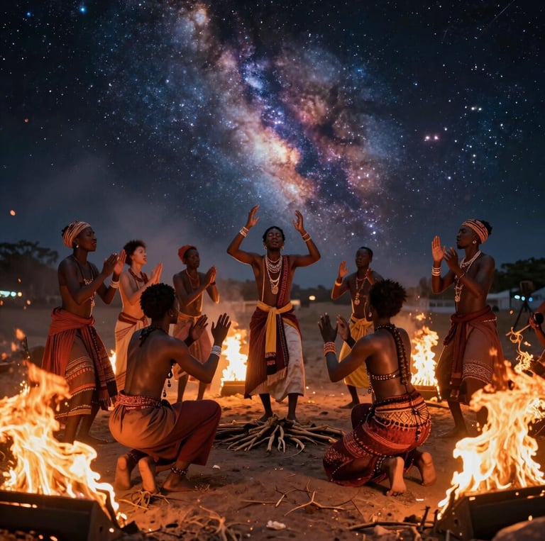 A serene gathering of diverse indigenous Black elders sharing stories around a fire under a starlit sky.