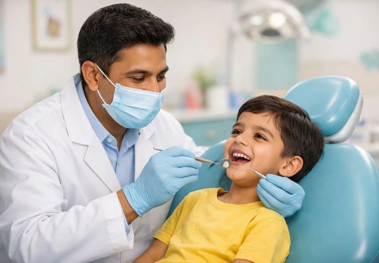 Dentist performing a dental checkup for a child