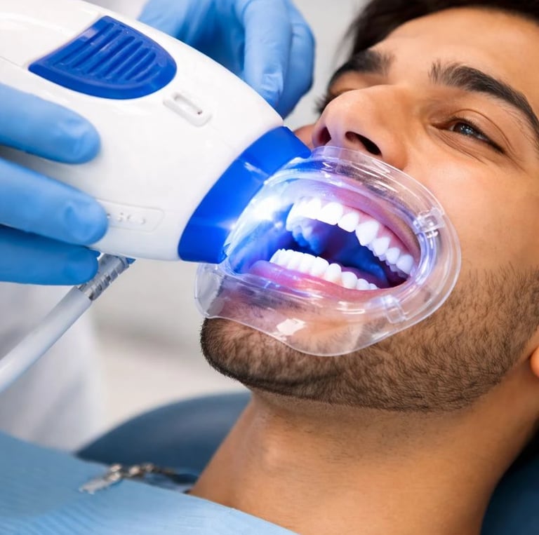 Dentist performing professional teeth whitening procedure