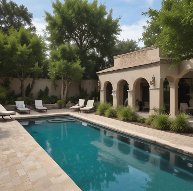 A serene backyard featuring a newly installed vinyl pool with a veteran proudly standing beside it.