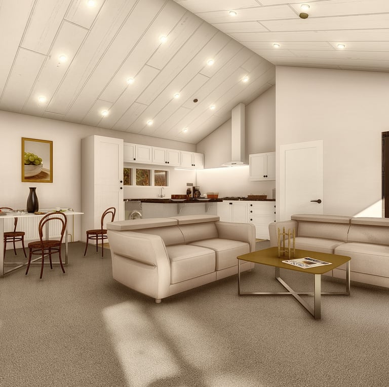 Modern open-concept living room and kitchen interior with neutral decor, vaulted ceilings, and natural light.