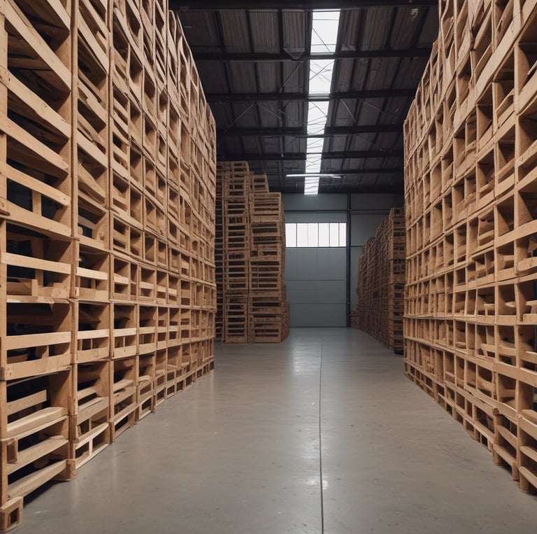A variety of new pallets stacked neatly in a warehouse.