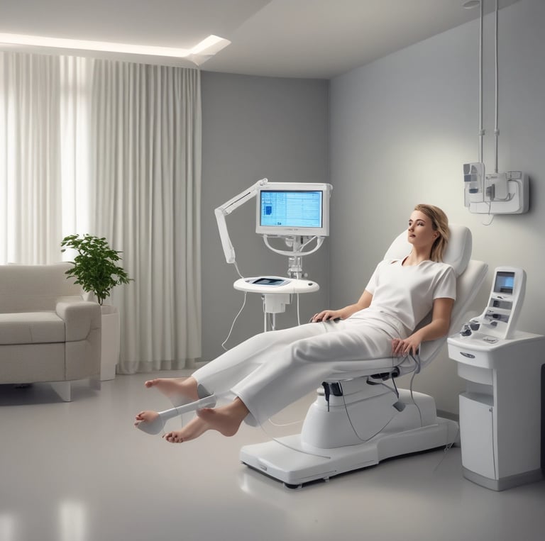 Close-up of a professional using an Ioniflex device on a patient's arm in a calm clinical setting.