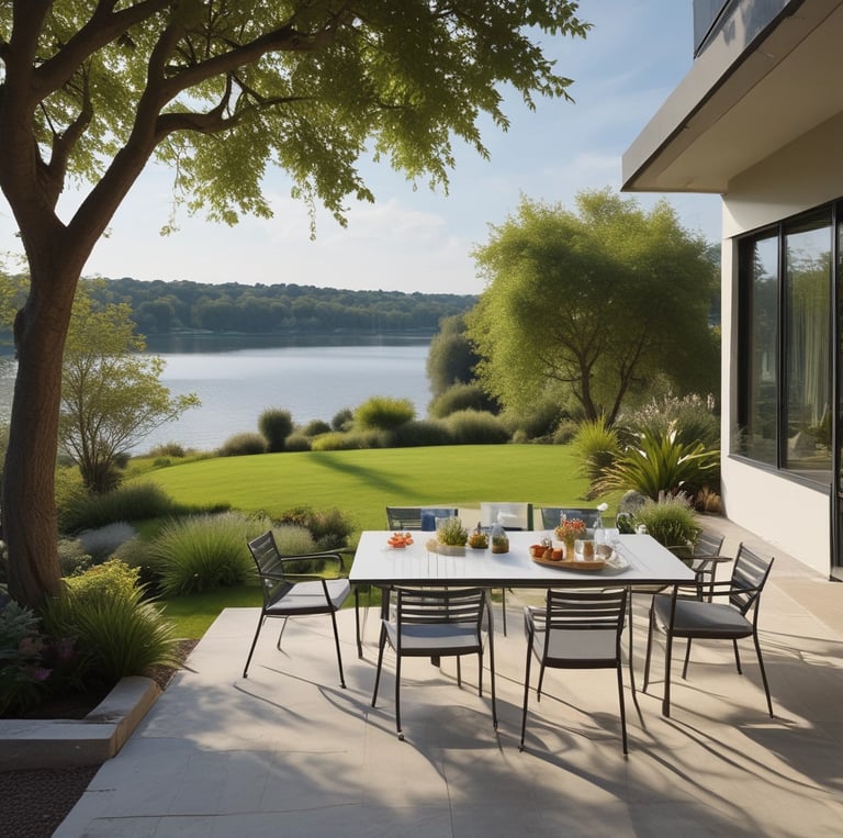 A beautifully arranged outdoor seating area with stylish furniture surrounded by lush greenery.