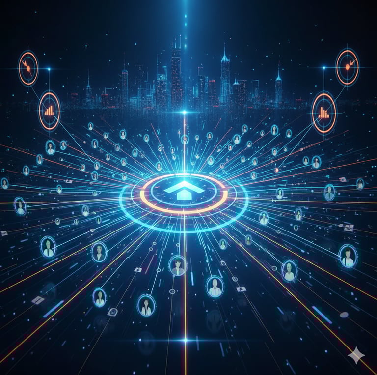 Uma paisagem urbana com muitos tipos diferentes de pessoa que se conectam via plataforma..