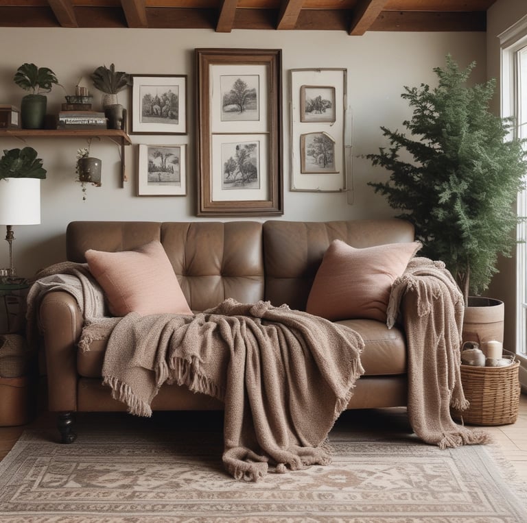 A cozy living room featuring a beautifully draped chunky knit blanket on a plush sofa.