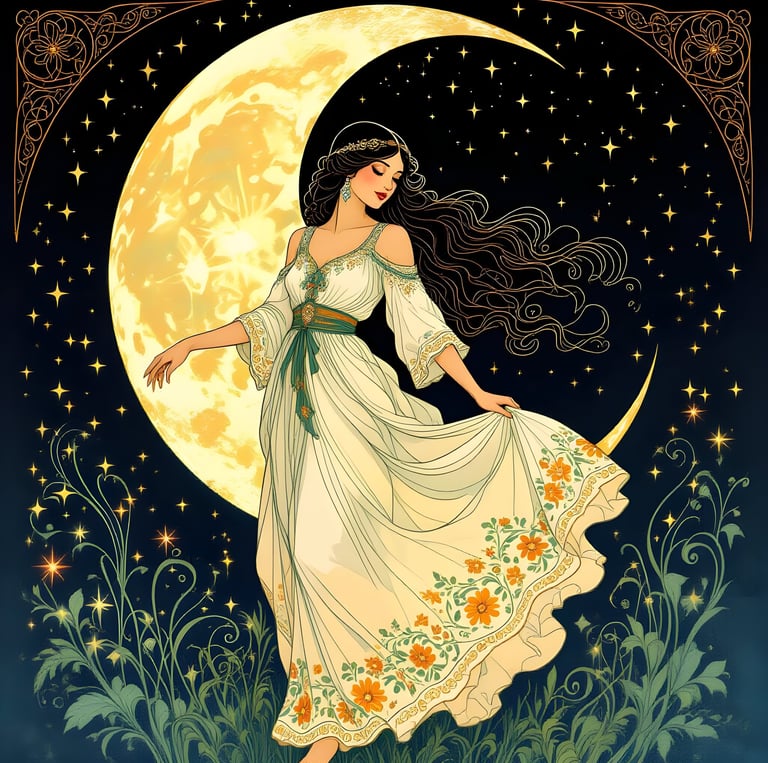 A celestial woman in a white dress with a moon in the background