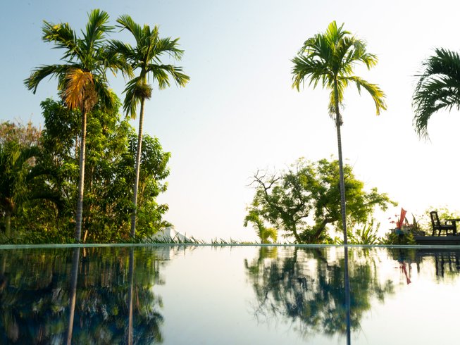 Peaceful infinity pool surrounded by tropical trees at a wellness retreat in Bali