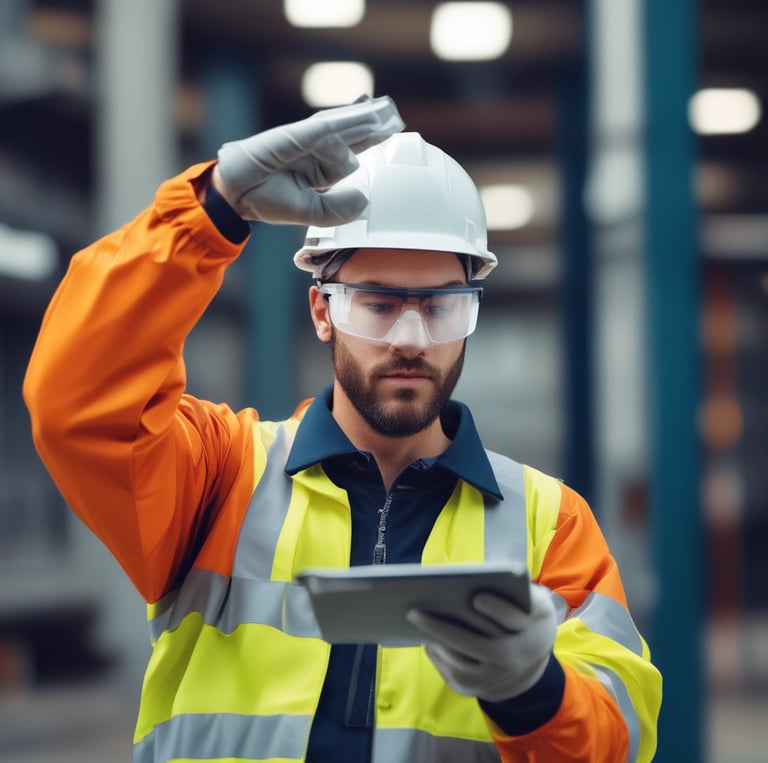 A person wearing a bright red industrial jacket with reflective stripes and a white safety helmet. They are holding a book titled 'Occupational Safety and Health Act' against a plain blue background. The person is smiling and the jacket has a logo on the chest.