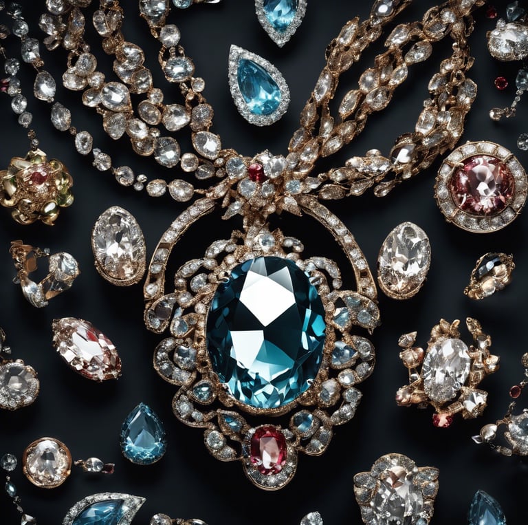 A collection of intricately designed metal figurines and objects displayed on a surface. The figurines depict various characters, some in dynamic poses, and are surrounded by several round coins and decorated plates. The items seem to be of cultural or historical significance and feature elaborate details in their craftsmanship.