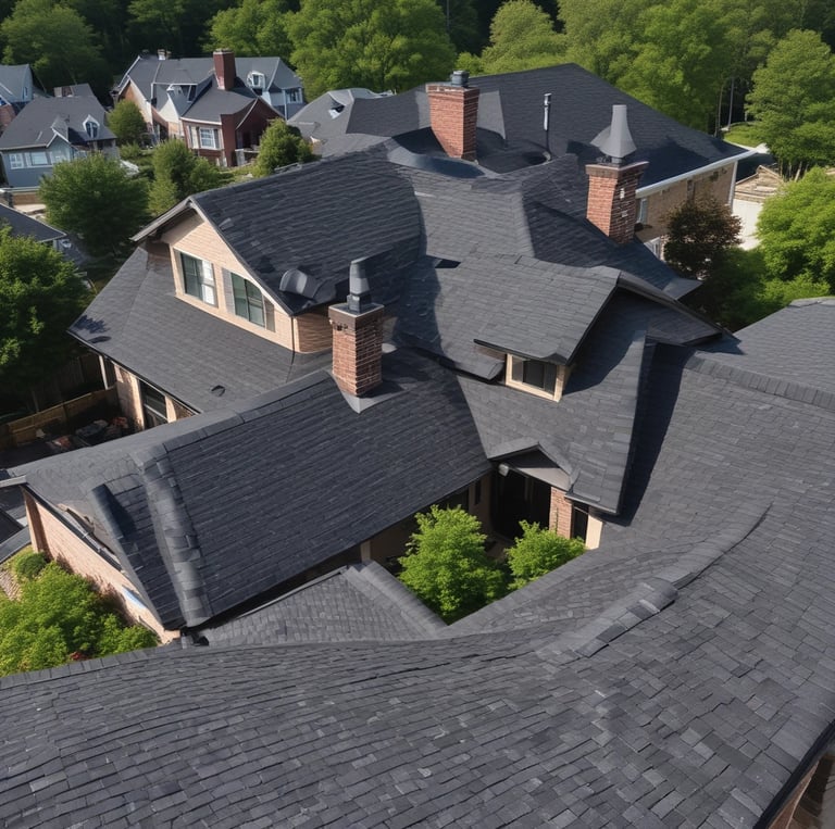 An industrial-style rooftop with a ventilation pipe against a backdrop of a cloudy sky. A prominent yellow caution sign warns of asbestos roofing material.