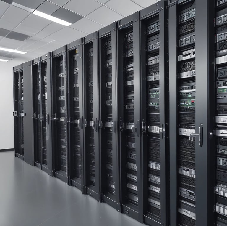 A digital rendering depicting a tall, metallic server rack positioned centrally on a platform. The server appears to have multiple blue-lit slots. Surrounding the rack, there are several stacks of cylindrical objects resembling databases or storage units, all set against a dark background.