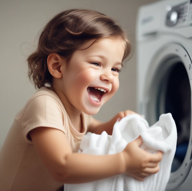 A bright, cozy laundry room with freshly washed clothes hanging, sunlight streaming through a window, and a sleek water filtration system installed.