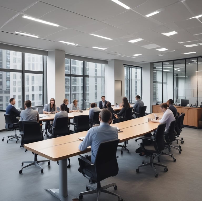 A modern office building with large glass windows. In front of the building, there is a green sign with a plug symbol and the letters 'EY'. Surrounding the area are neatly trimmed bushes.