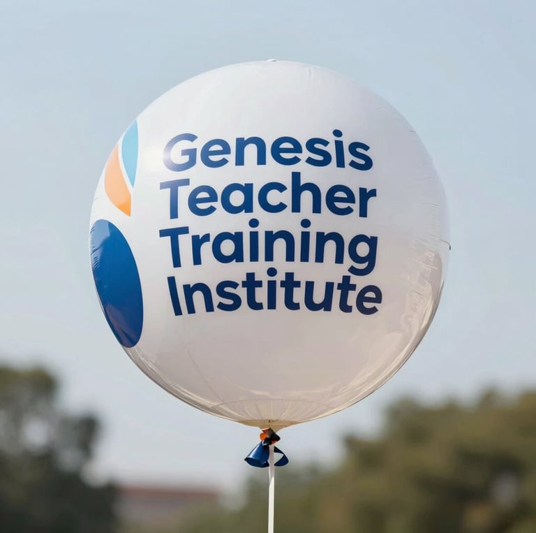A three-story building is situated on a grassy field, featuring a pale orange facade with blue accents around doors and windows. Several plants are aligned in front of the building. A sign indicates that it is the Shilbadrar Teachers Training Institute.