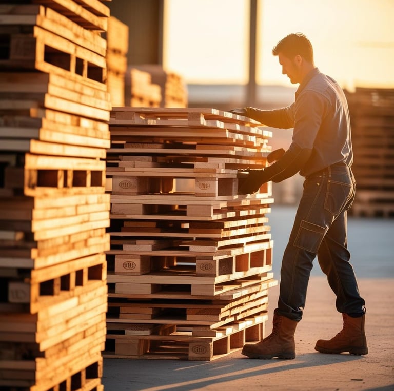 This image shows a worker handling wooden pallets in what appears to be an industrial or warehouse 