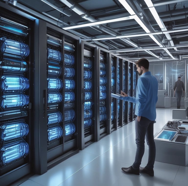 Technician installing fiber optic cables in a server room.