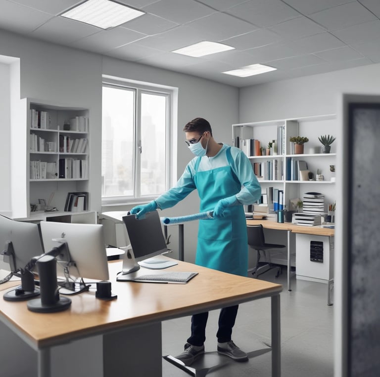 Professional cleaner sanitizing an office workspace
