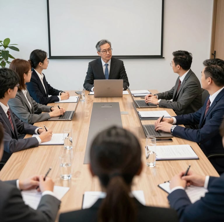 A friendly consultant discussing business with a Korean supplier over a laptop.