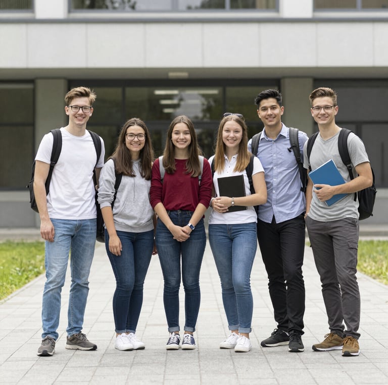 A diverse group of students and professionals smiling together in a modern classroom setting.