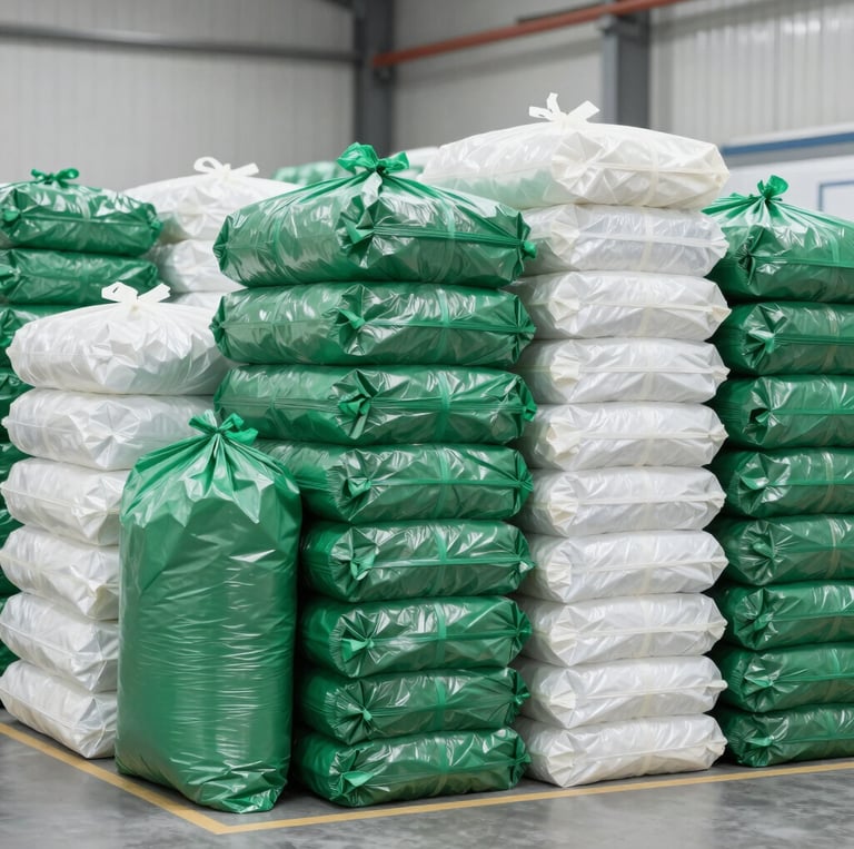 A clean, modern workspace showing colorful plastic bags neatly arranged with a laptop displaying the Plasticerah online store.