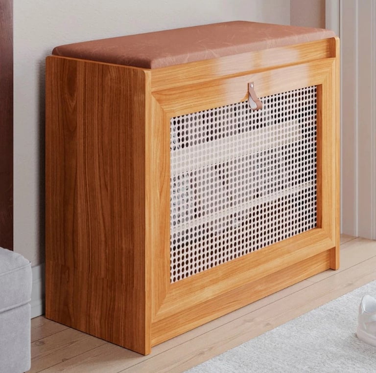 Sapateira Banco Plenitude Com Prateleira E Porta Basculante Detalhe Rústico em Ratan