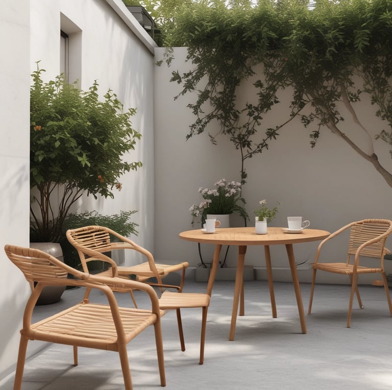 Outdoor patio with tables, chairs, plants, and a grill under natural sunlight