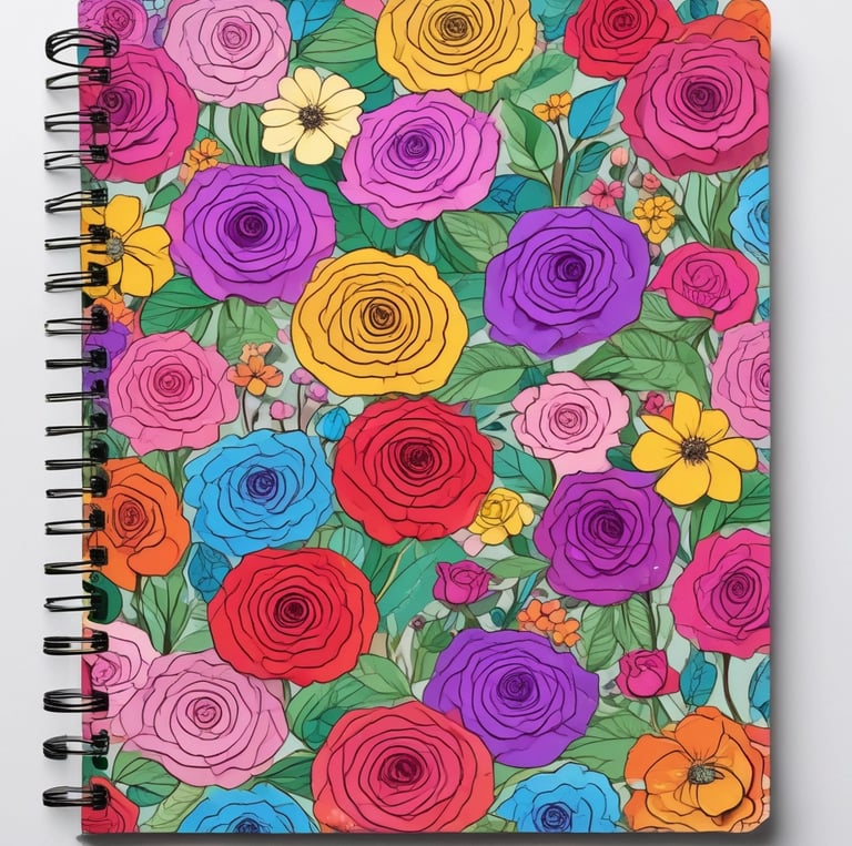 A blue notebook with rounded corners is wrapped in a white paper band. The band contains text in Spanish describing the product as a package of five sewn notebooks with 100 pages each, made with 90g bond paper, manufactured in Mexico. The design includes a minimalist, geometric logo.