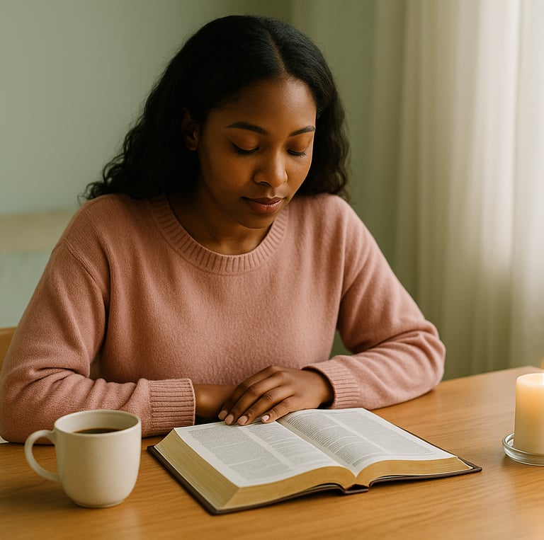 Woman reading her Bible with coffee and candle — peaceful devotional space for rest and reflection
