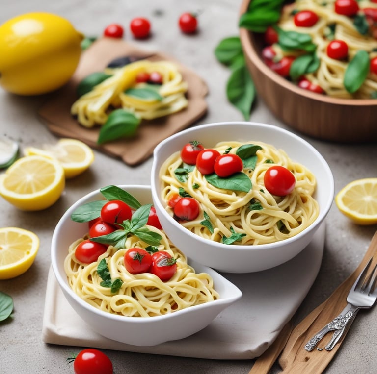 A close-up view of a gourmet pasta dish featuring fettuccine noodles. The dish includes a rich, creamy sauce with a golden-brown hue, complemented by pieces of shrimp and olives. Garnished with fresh herbs, the plate is artistically presented with small dots of green sauce around the edge.