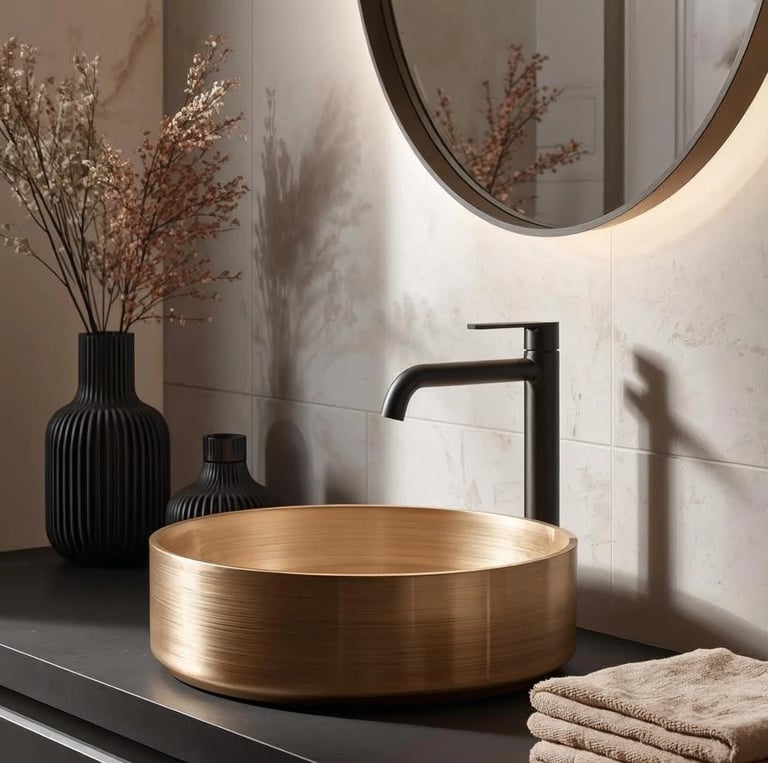 Vasque ronde en cuivre doré sur meuble noir, salle de bain contemporaine élégante avec robinet noir et miroir mural.