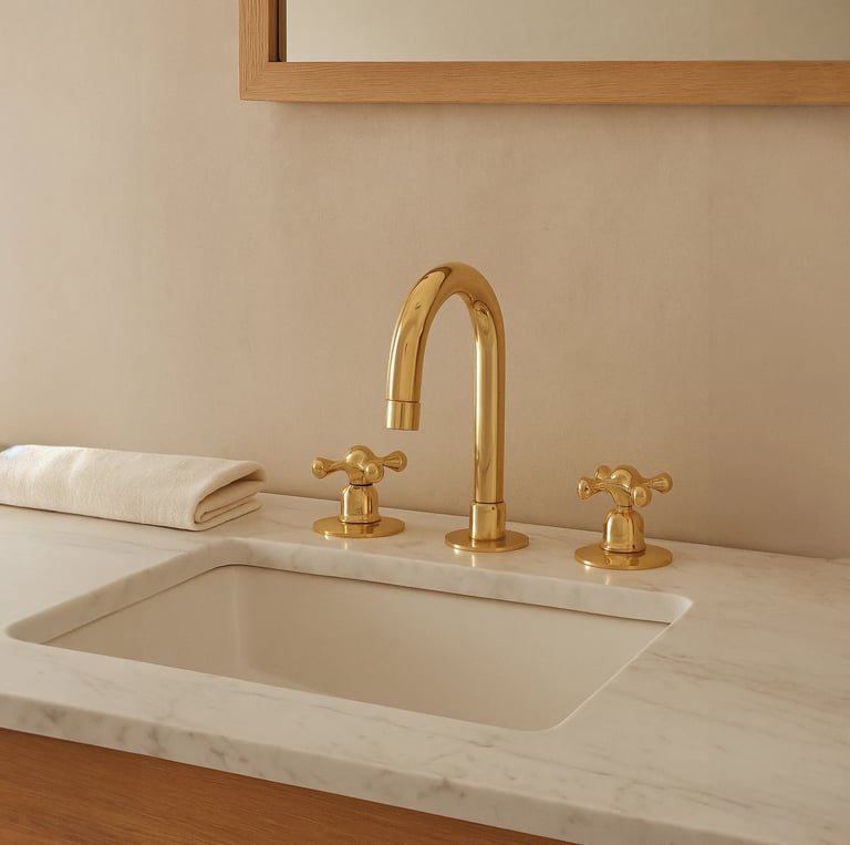 Robinet artisanal en cuivre massif doré pour salle de bain, design élégant avec vasque blanche.