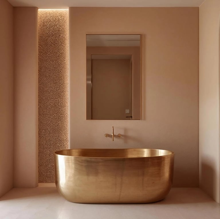 Salle de bain élégante avec baignoire centrale en cuivre doré et robinetterie artisanale marocaine.