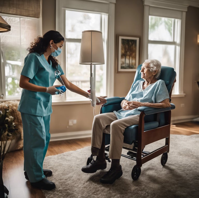 A healthcare professional wearing a white coat and gloves is attending to a man who is seated in a recliner chair. An intravenous drip is visible, indicating that the man might be receiving a medical treatment. The man is wearing a colorful tie-dye t-shirt featuring a graphic and a cap. The setting appears to be a clinical environment with minimal decor and medical equipment.