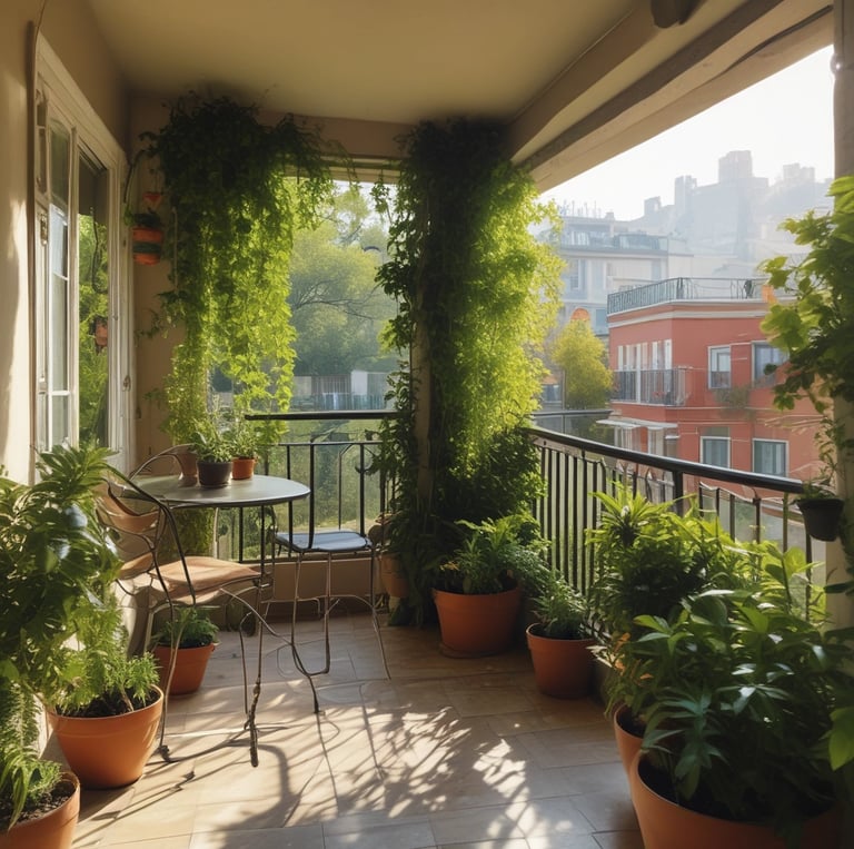 A small plant with fresh, bright green leaves is growing from a dark pot. The leaves are wet with droplets of water, indicating recent watering. The pot sits on a brownish surface against a light cream background, suggesting an indoor or sheltered outdoor environment.