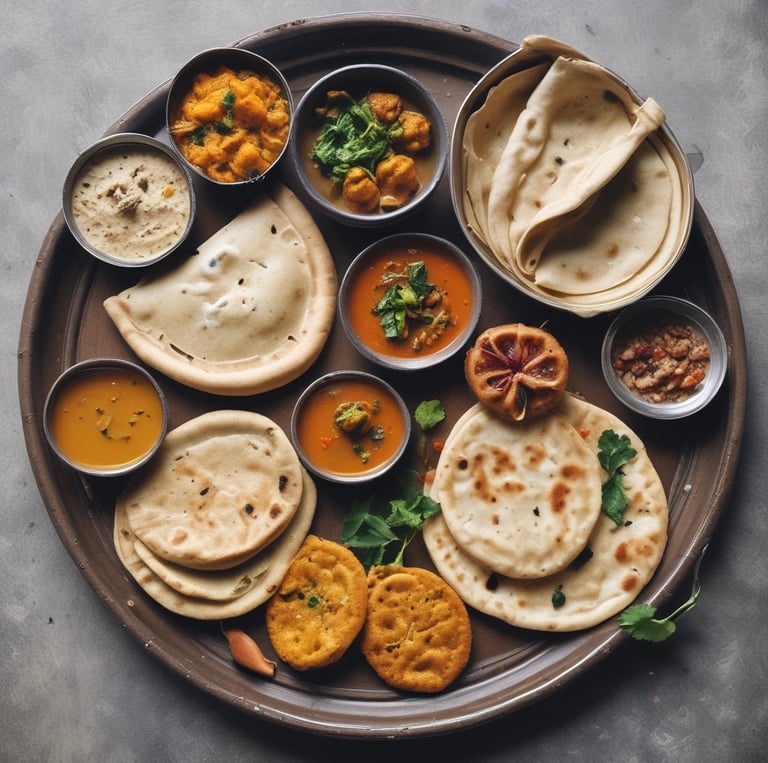 A wooden tray holds a traditional Indian meal. There is a paratha flatbread topped with butter, a small metallic bowl containing a brown dessert resembling a modak, and another bowl filled with a creamy white substance garnished with saffron strands. A brass spoon is placed on the paratha.