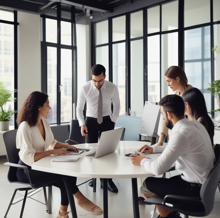 A group of Hispanic entrepreneurs collaborating happily in a bright, modern workspace.