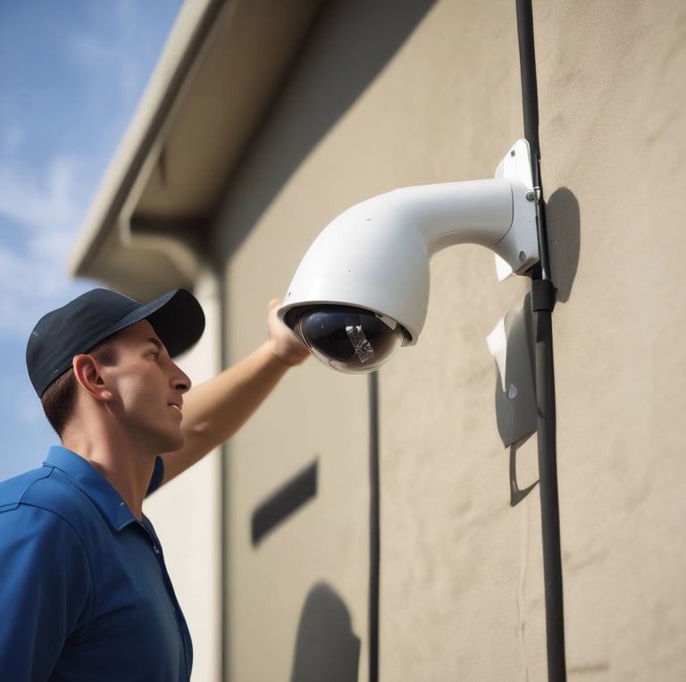 A surveillance camera mounted on a white stand, positioned against a plain background. The camera is branded with the logo 'Dahua' and appears to be pointed to the right.
