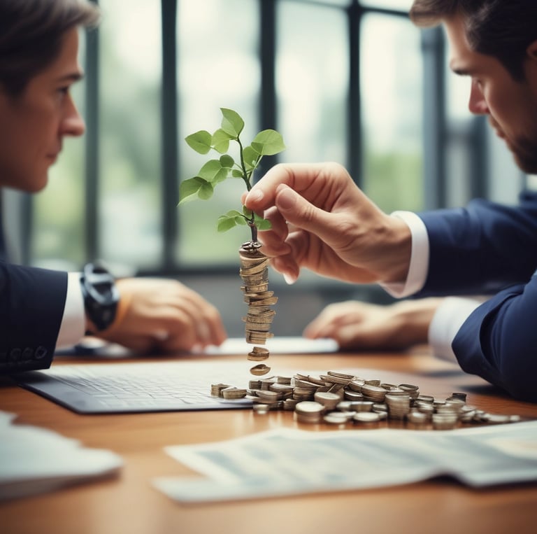 A modern office workspace with diverse team members collaborating over market analysis charts.