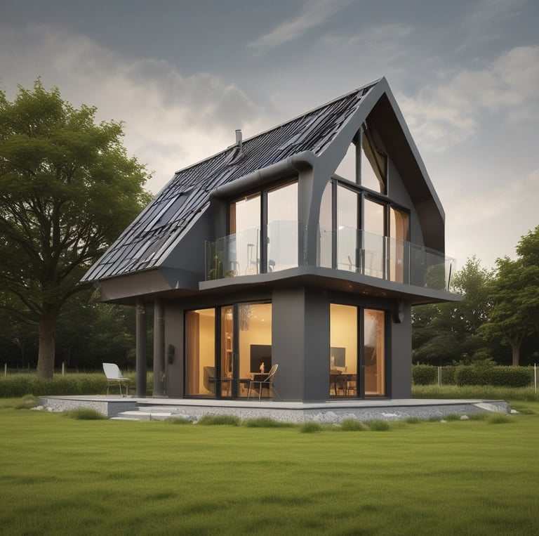 A semi-detached house with a brown pebble-dash exterior and white-framed windows stands in the middle of the image. The backyard appears to be under construction or renovation, with building materials such as bricks, wood pallets, and tarps scattered across the lawn. A garage or carport area to the left is partially covered and houses some construction equipment. A wooden fence borders the right side of the property, and the grass shows signs of recent activity.