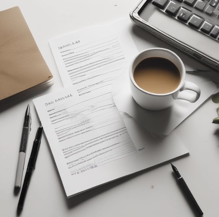 A warm, cozy workspace with handwritten notes, a laptop, and a coffee cup scattered around a script in progress.